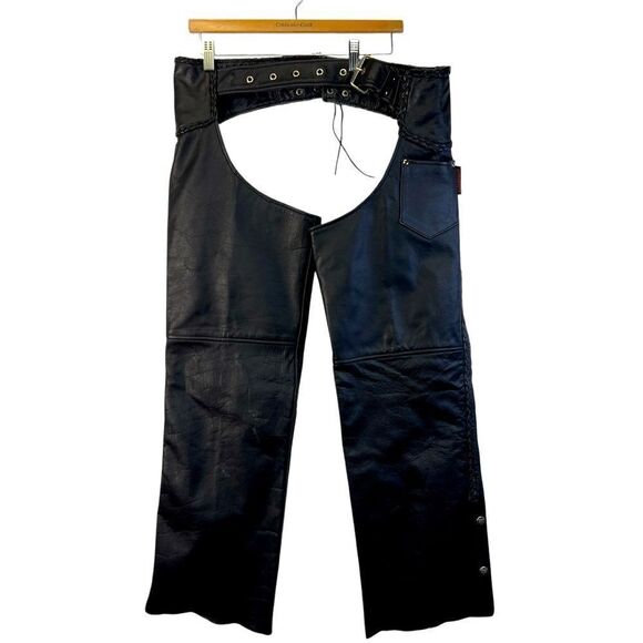 Unisex Interstate Leather Black Motorcycle Biker Riding Chaps Adjustable S
